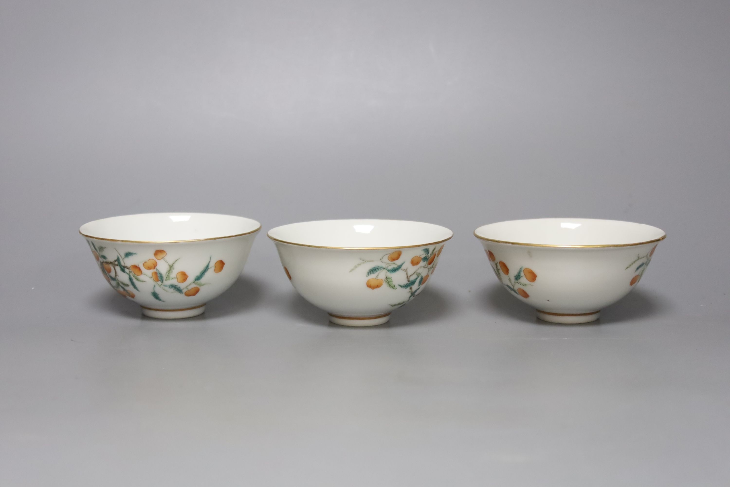 A set of three Chinese 'peach' tree bowls, diameter 9.5cm